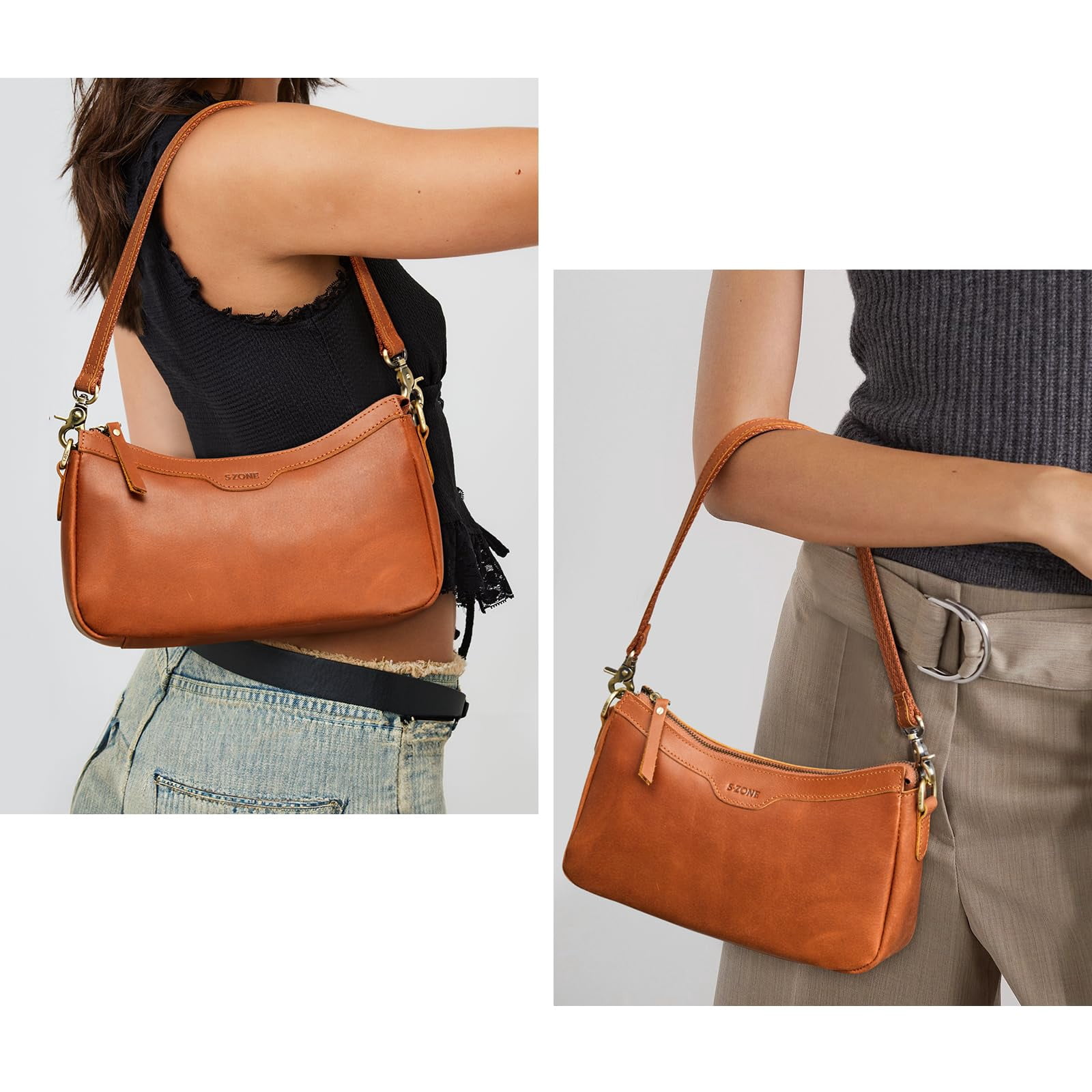 S-ZONE Leather Shoulder Bag for Women Small Crossbody Bags Hobo Purses with 2 Straps