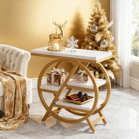 Modern 3-Tier Faux Marble Side Table With Storage Narrow Sofa End Table With Geometric Gold Metal Frame Multifunctional Nightstand Bedside Table For Living Room Bedroom Gold & White