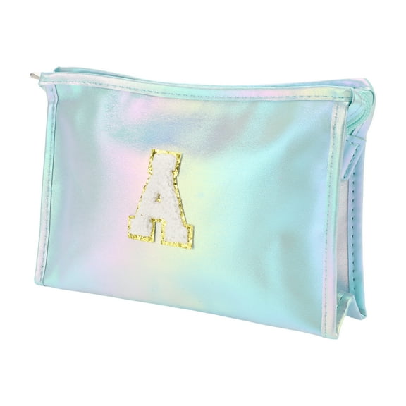 Unique Bargains 1 Pc Women Durable Letter A Makeup Bag for Vacation Outdoor Activities Blue PU