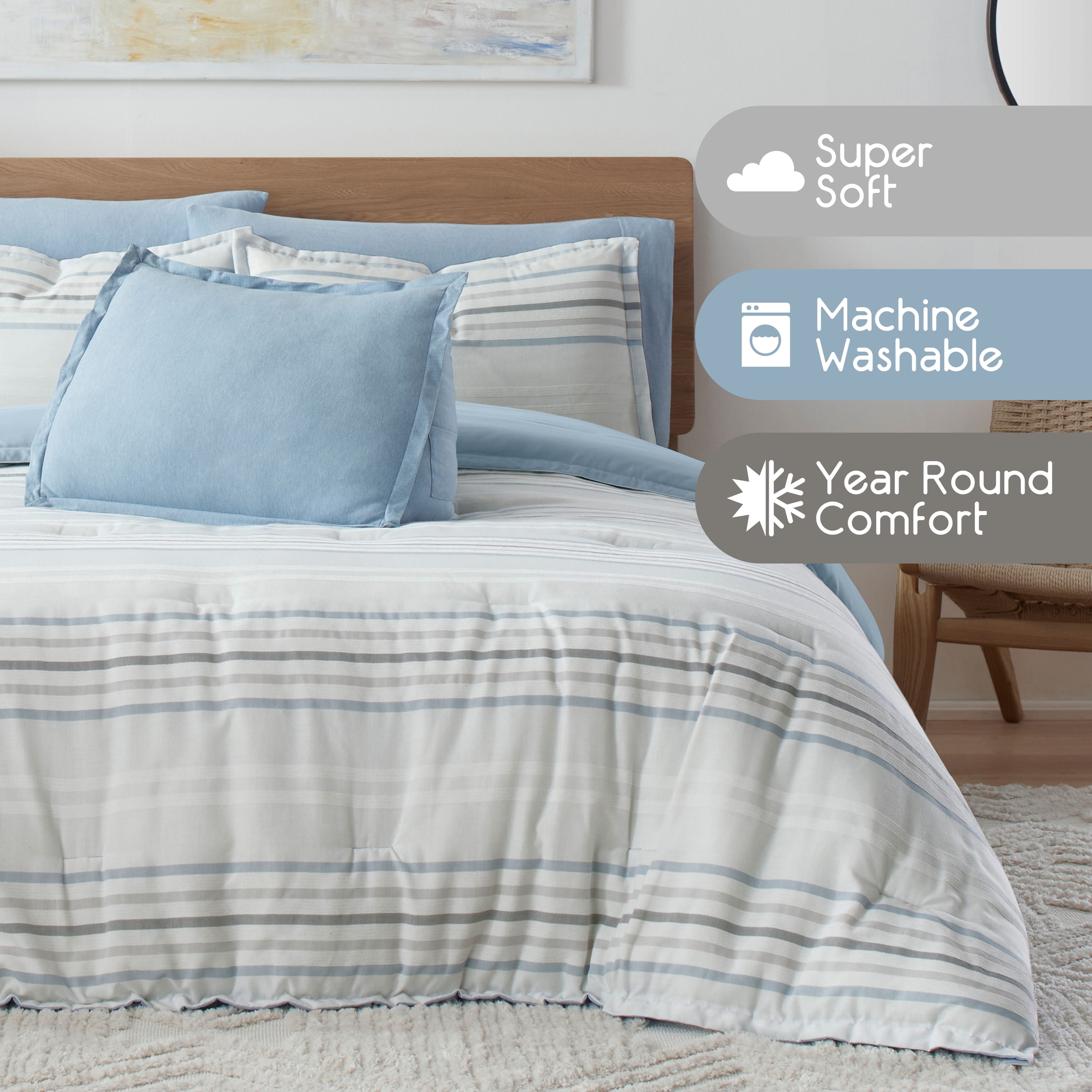 Vellux Bergen Striped 2-Piece Cotton Comforter Set, Down Alternative, Twin, Blue