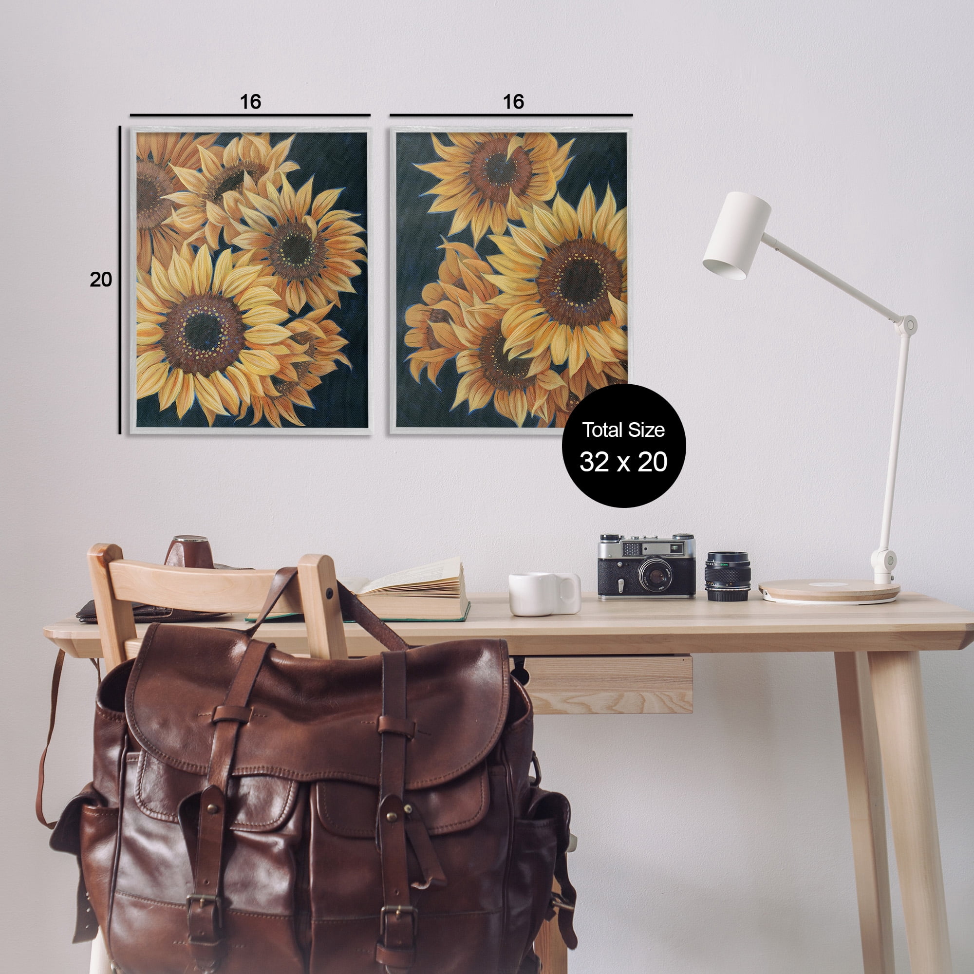 Stupell Industries Sunflowers on Black Botanical & Floral Painting Gray Framed Art Print Wall Art, 16 x 20, Set of 2