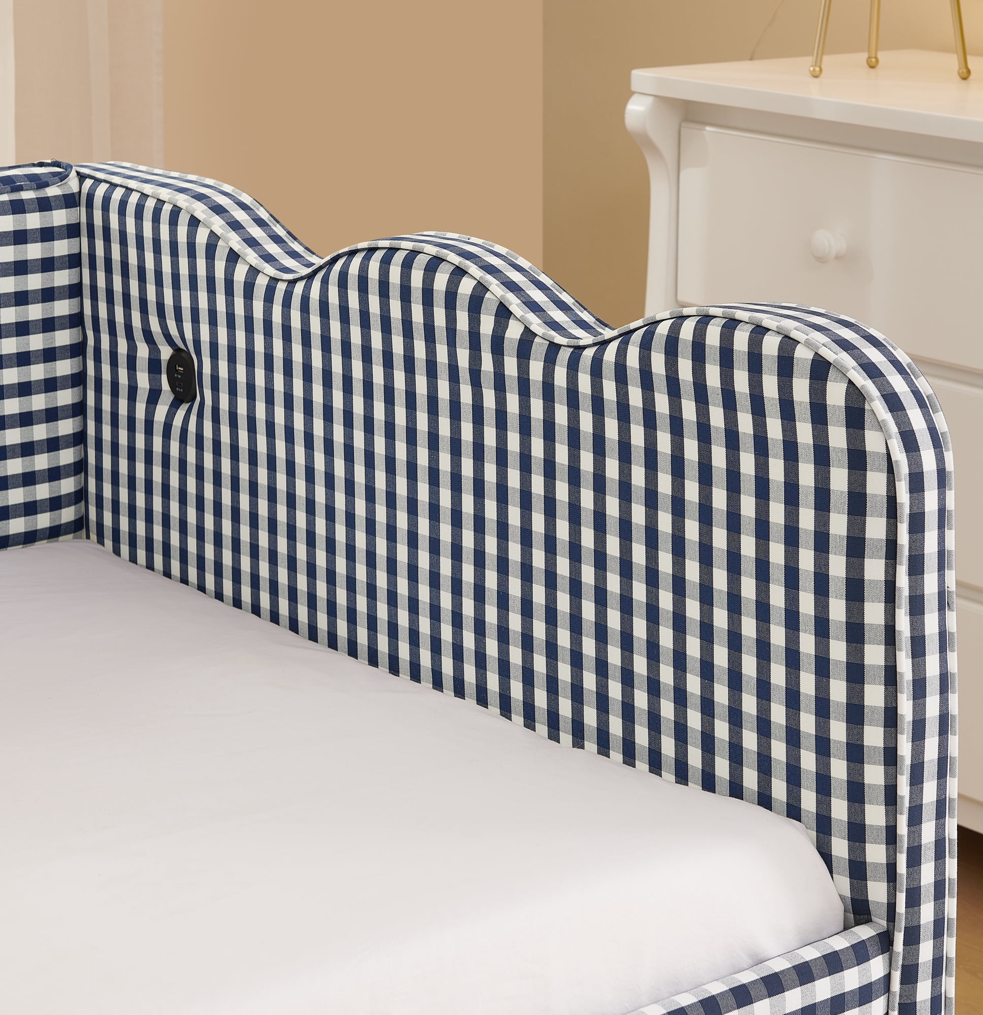 GARITIN Twin Size Daybed with Trundle, Gingham Sofa Bed with USB Port and Wavy Shape Headboard for Kids Room, Navy