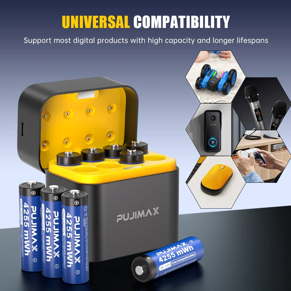 PUJIMAX 4255mWh 1.5V High Capacity Rechargeable Lithium AA Batteries + Charger