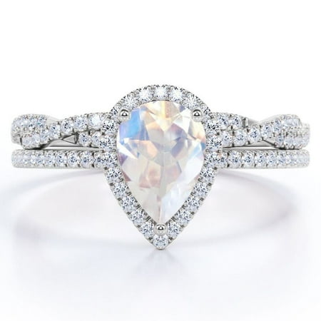 JeenMata Halo Pave Design - 1.25 Carat Teardrop Rainbow Moonstone and Moissanite - Infinity Twisted Shank Wedding Ring Set - 18K White Gold Plating over Silver