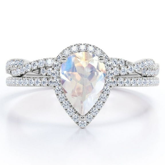 JeenMata Halo Pave Design - 1.25 Carat Teardrop Rainbow Moonstone and Moissanite - Infinity Twisted Shank Wedding Ring Set - 18K White Gold Plating over Silver