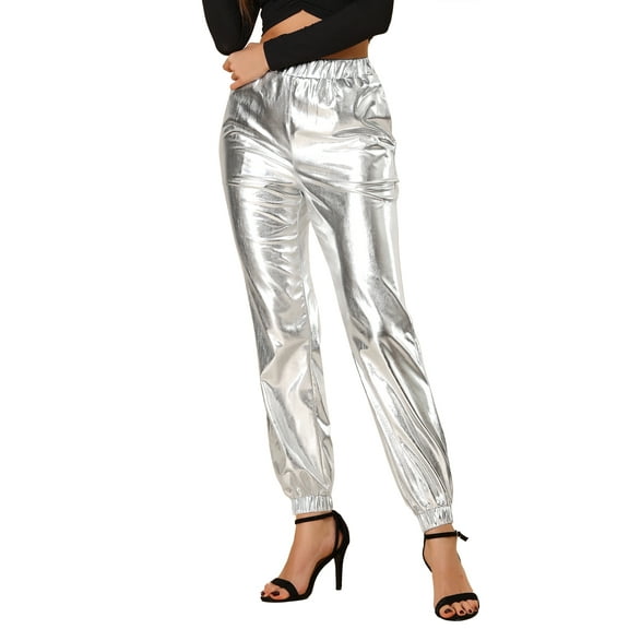 DARING DIVA Women's Sparkle Shiny High Waist Metallic Jogger Pants XS Silver