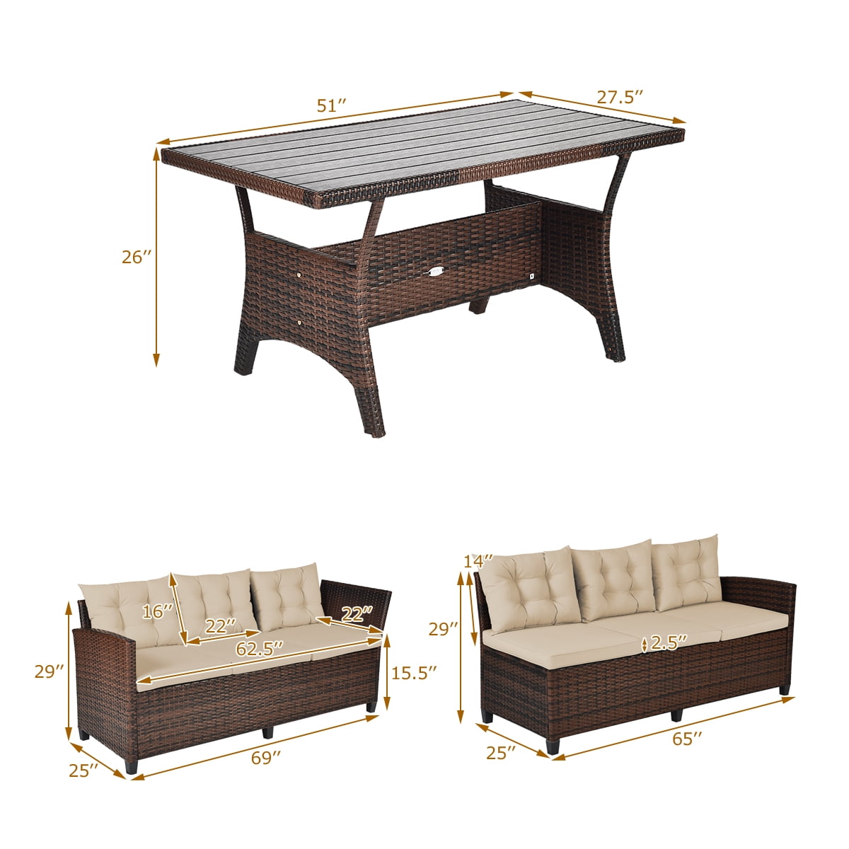 Outdoor 3 Pieces Sectional Furniture Set Wicker Rattan Sofa Set