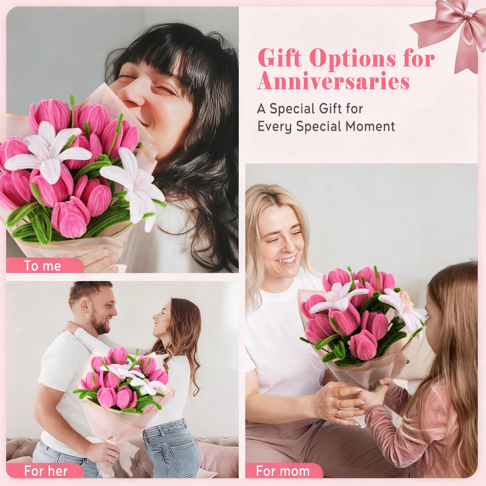 CandWuom Pink Green Pipe Cleaners Flower Kit for Graduation Gifts, Chenille Stems for Pipe Cleaner Tulip Flowers Bouquets Making