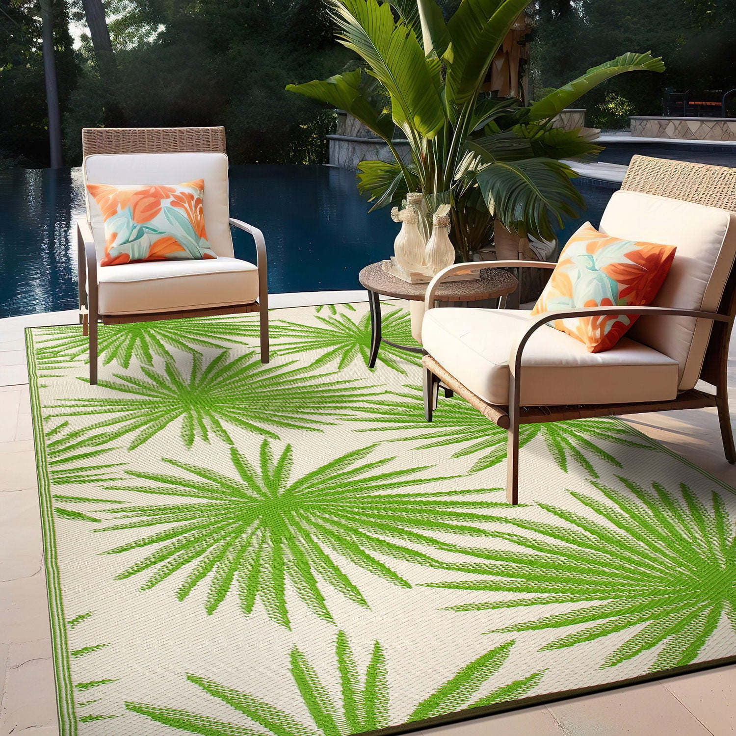 World Rug Gallery Floral Tropical Reversible Recycled Plastic Outdoor Picnic Mat, Camping Rug, RV Rug - GREEN 7'10"x10'