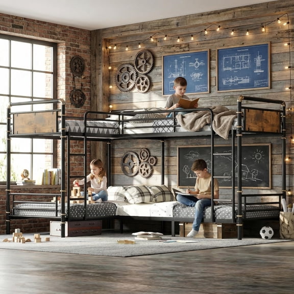 Mirightone Quad Bunk Bed with Comfort Rungs Ladder and Versatility Detachable Triple Beds, Heavy-Duty Twin Over Twin Metal Bunk Frame, Black