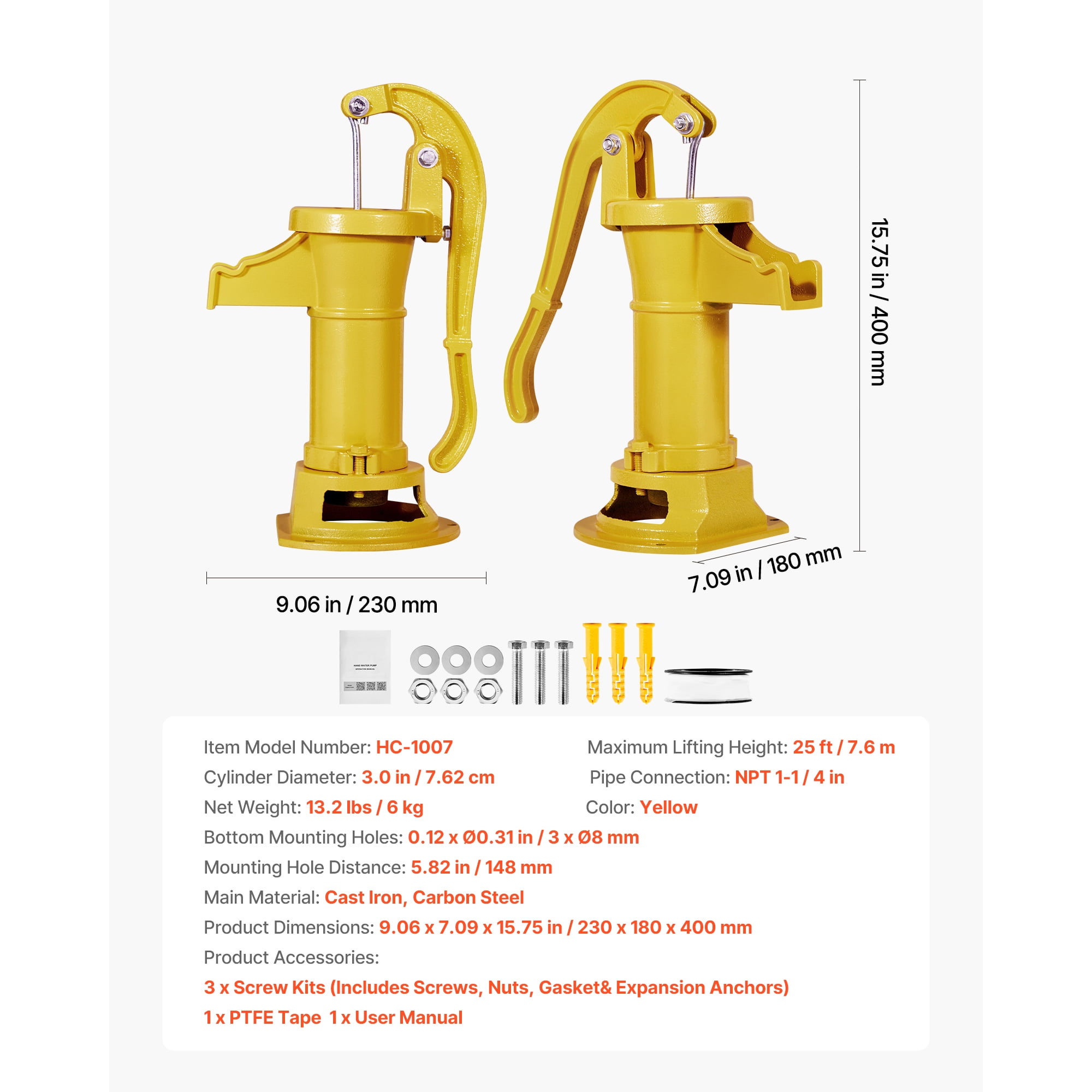 KFFKFF Cast Iron Hand Well Pump, Max. 25 ft Lift Antique  Pitcher Pump, 1-1/4 in NPT Connection,  Manual Water Pump for Outdoor Gardens, Ponds, Backyards, and Farms, Yellow