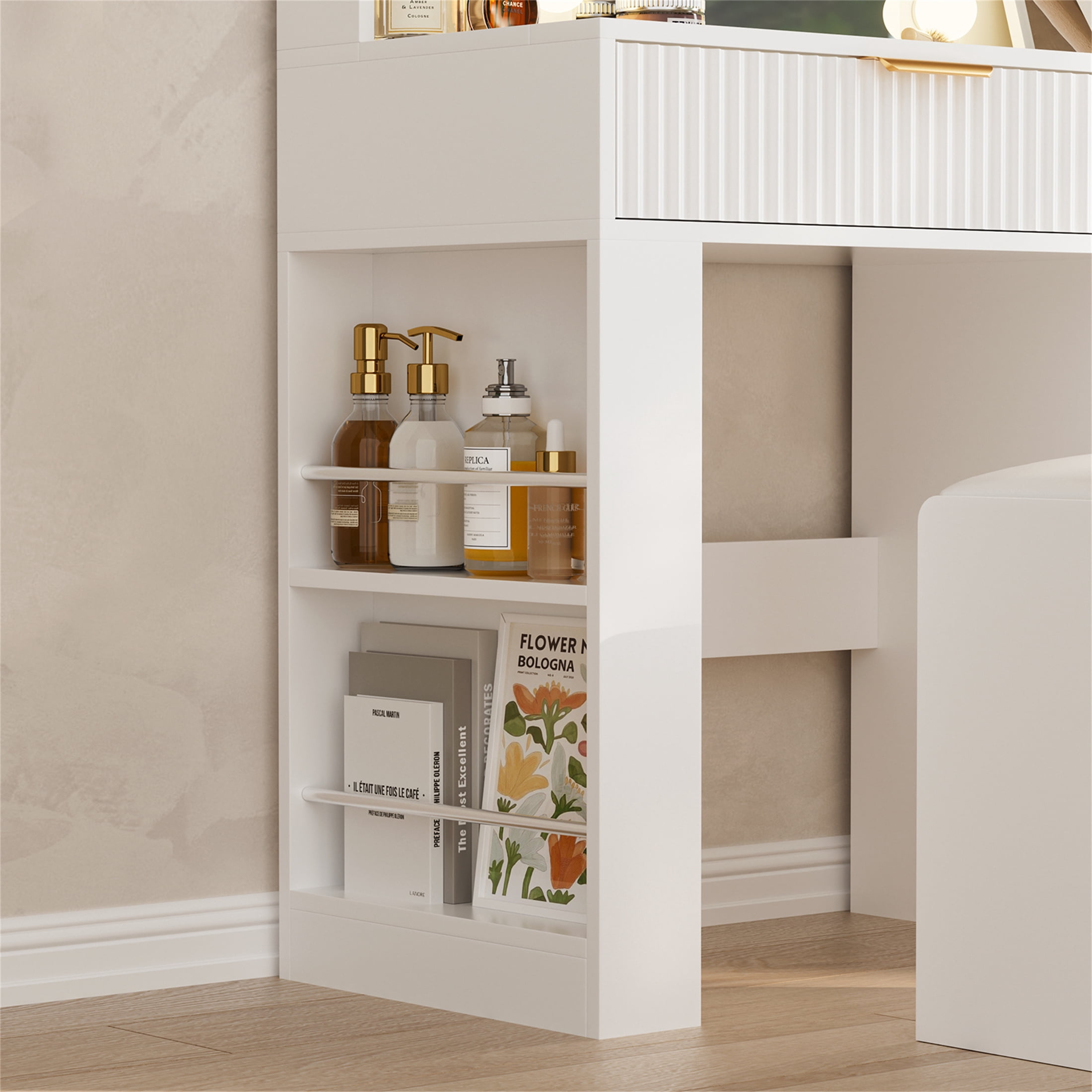 Yeahumalia Vanity Desk Set with Mirror and Lights, Makeup Table with Charging Station and Chair, White