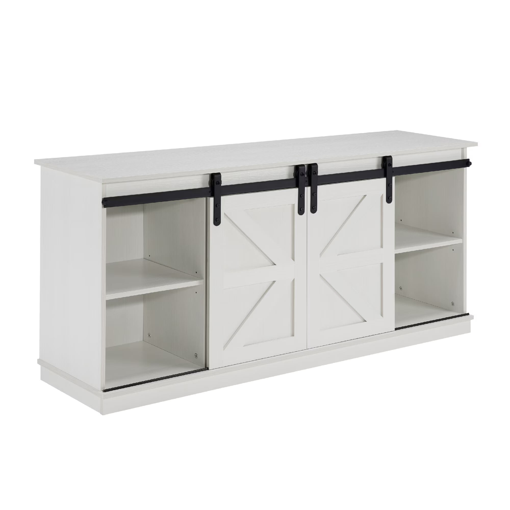 AENKYO Farmhouse TV Stand for TVs up to 65", Sliding Barn Doors, Adjustable Shelves, Cable Management, White
