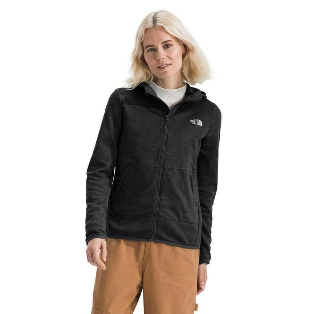sudadera canyonlands de the north face para mujer con capucha y cierre completo, X-Small, TNF Negro — Vista frontal sobre modelo; sudadera de forro polar de peso medio (poliéster reciclado según ficha), cremallera central completa, capucha de tres piezas, bolsillos de mano con cierre, mangas ajustadas y logo de The North Face en el pecho; ajuste slim para usar sobre capas.