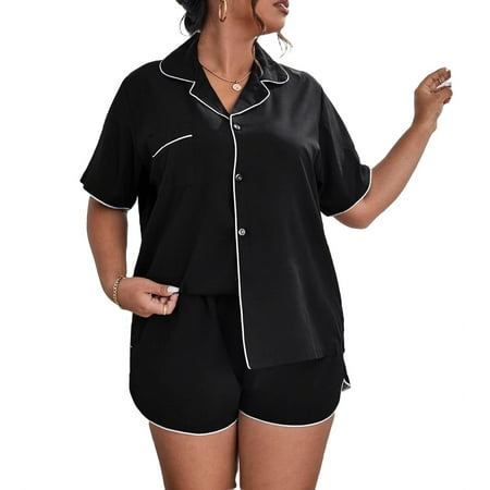 

Black Casual Plain Lapel Short Sets Short Sleeve Women s Plus Size Pajama Sets