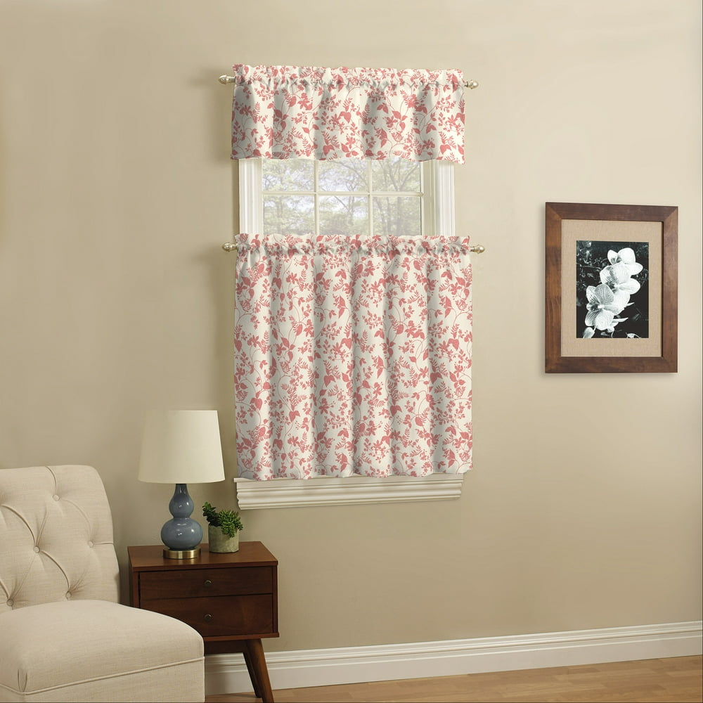 Mainstays Leaf Print Light Filtering Rod Pocket Kitchen Curtain Tier