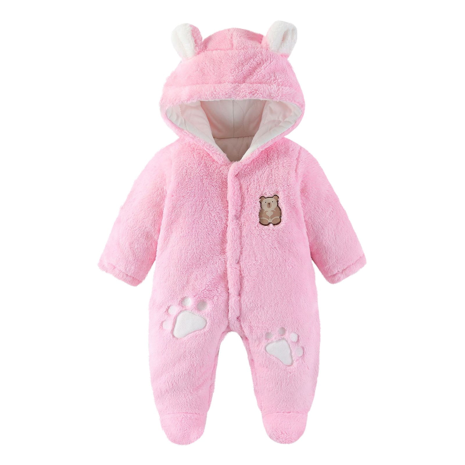 FAIOROI Pink Kids Girl Bear Onesie Winter - Warm Footed Kids Jumpsuit with Quilted Lining, Front Zipper & Plush Ears, Fall Daily Wear/Photo Outfit for 0-12M,Size 3 Months