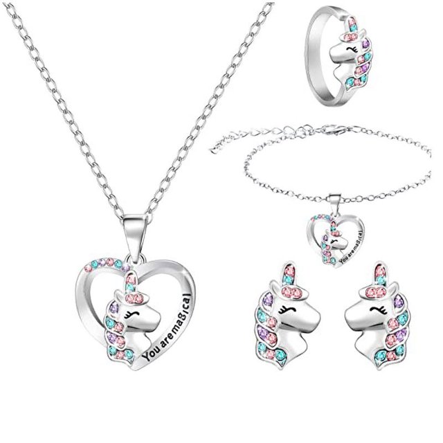 Juego de joyas de unicornio, collar con pendientes, pulsera, anillos, disfraz de princesa para niña, regalo de fiesta de cumpleaños, metal, diamantes de imitación