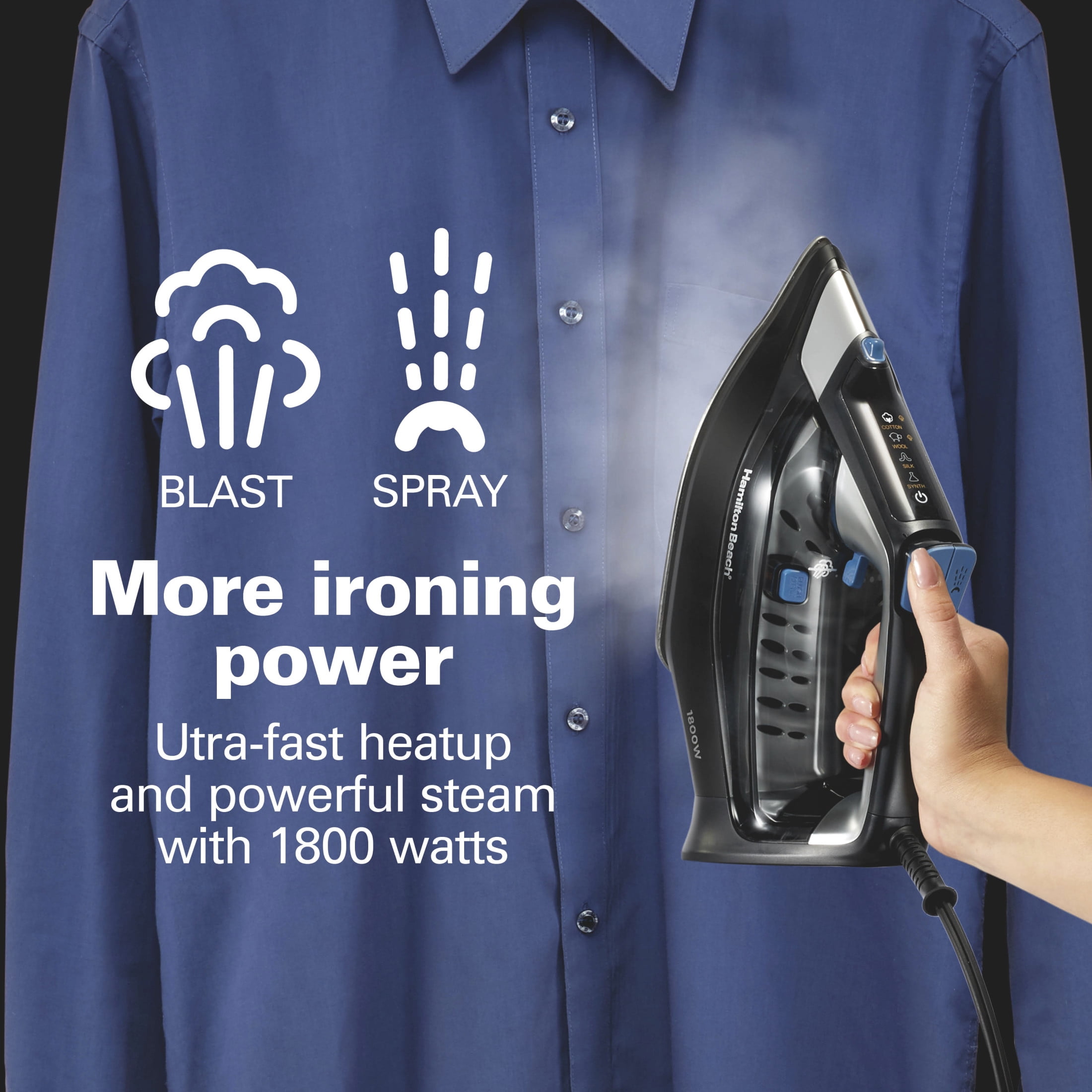 Hamilton Beach FabricIQ Clothing Steam Iron with Intuitive Touchpad & Stainless Steel Soleplate, Black