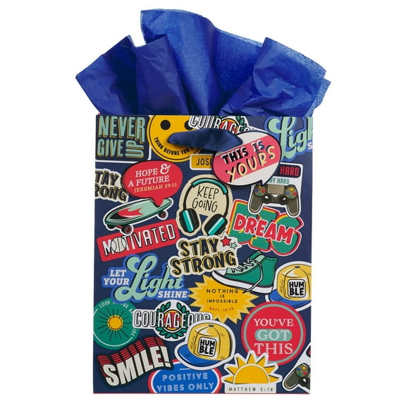 Christian Art Gifts Medium Portrait Inspirational Gift Bag & Tissue Paper Set for Boys, Girls & Children: Encouraging Bible Verses & Quotes, Multicolor Stickered Design, Navy Blue Satin Ribbon Handles