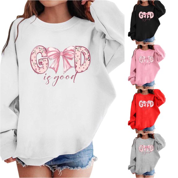 RMGVDSD Girls Cute Bow Graphic Print Sweatshirts Long Sleeve Crewneck Pullover Tops Kids Drop Shoulder Sweatshirt Trendy Preppy Clothes 9-10 Years