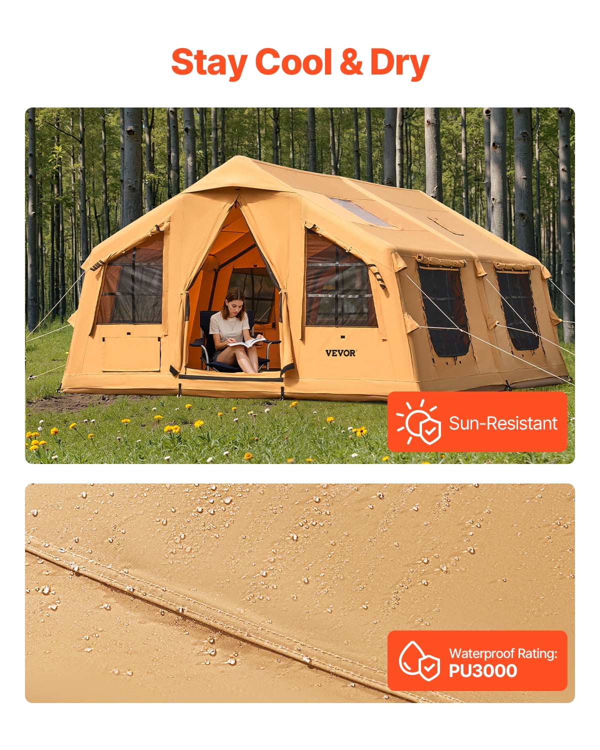 VEVOR Inflatable Tents for Camping,8-12 Person Easy Setup Blow up Tent with Hand Pump,4 Season Luxury Glamping Tent with 2 Skylights, Canopy,Stove Jack, 2 Doors & Mesh Windows(Include Storage Bag)