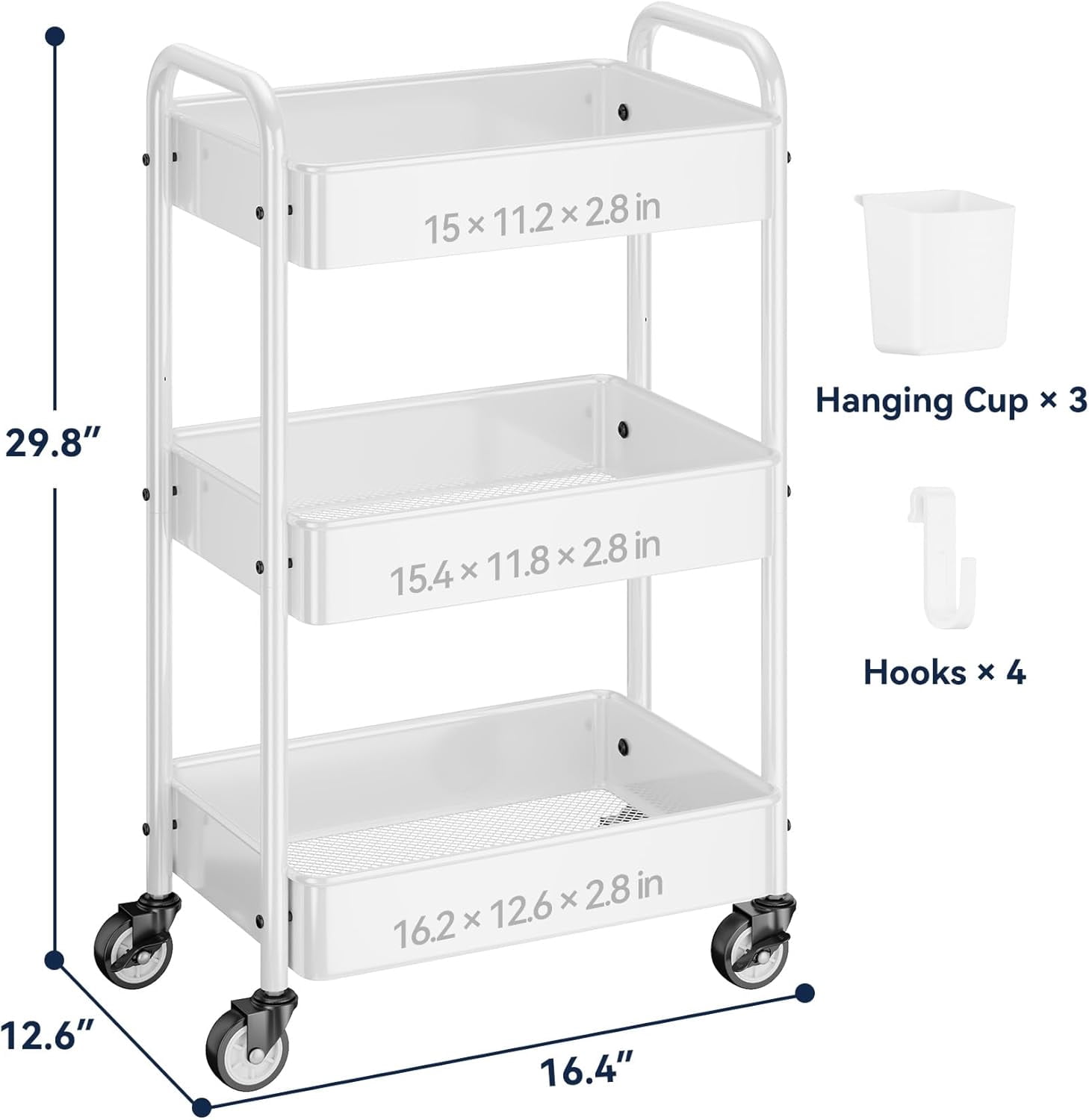 Metal 3 Tier Rolling Cart - Heavy Duty Utility Cart with Lockable Wheels, Hanging Cups, Hooks, Mesh Rolling Storage Cart Craft Cart Organizer, Lightweight and Sturdy, White