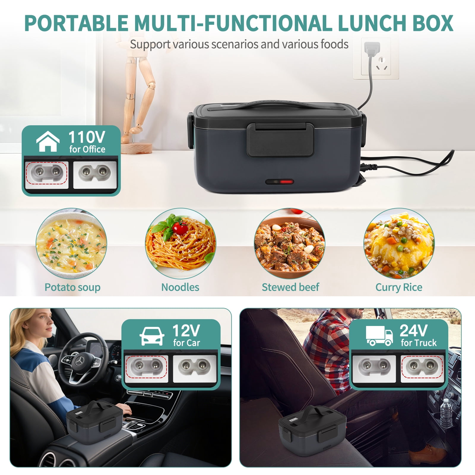 Ocalpur 2L Portable Electric Lunch Box, 110V/12V Car & Home Dual Use, PTC Heating & 304 Stainless Steel, 90W Quick Food Warmer Heated Lunch Box, Leakproof Food Heater for Office, Gray