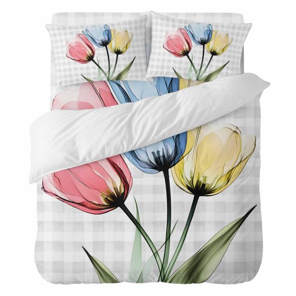 Duvet Cover Set Queen Size 4 Pieces, Country Flower Buffalo Check Comforter Cover Soft Bedding Sets, Watercolor Blue Pink Yellow Tulip Bed Set Include 1 Duvet Cover, 2 Pillow Shams, 1 Bed Sheet
