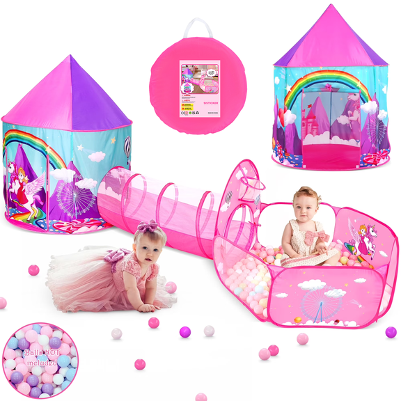 SISTICKER 3pc Princess Tent for Girls with Kids Tunnel & Baby Ball Pit for Toddlers Indoor Outdoor