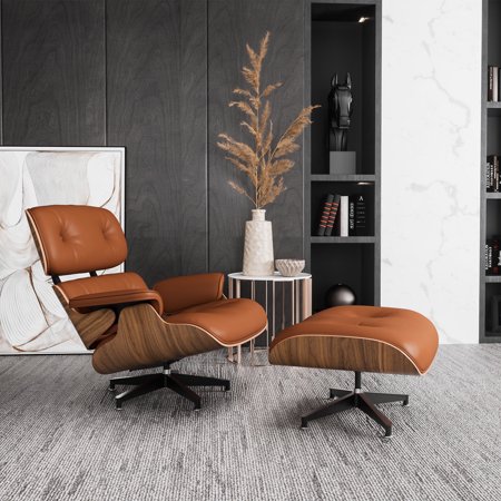 Mid Century Lounge Chair with Ottoman, Genuine Leather Classic Modern Chair with 8-Layer Walnut Wood and Aluminum Base for Living Room Office Study Lounge