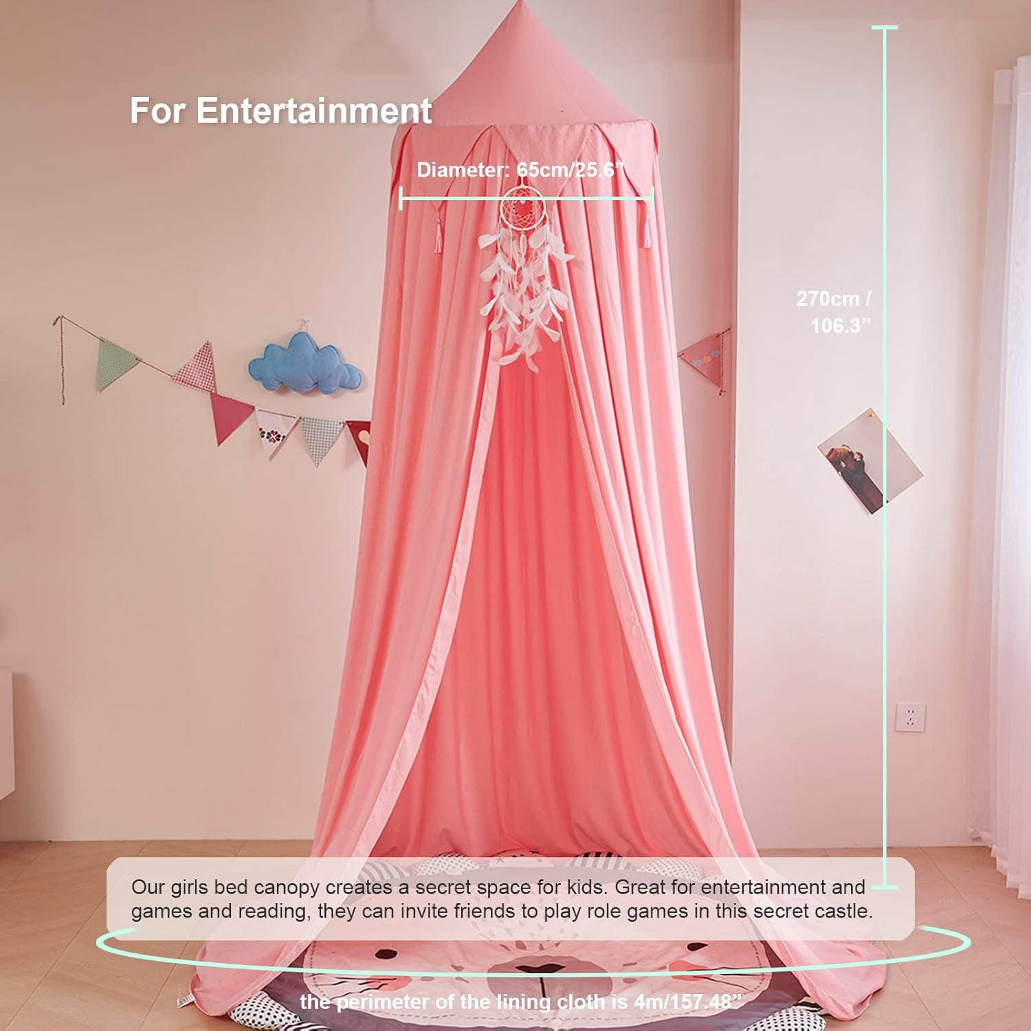 CAILDANL Bed Canopy for Kids, Girls Bed Curtain Bed Room Decor Hanging House Castle Reading Nook Dreamy Canopy(Brown Pink)