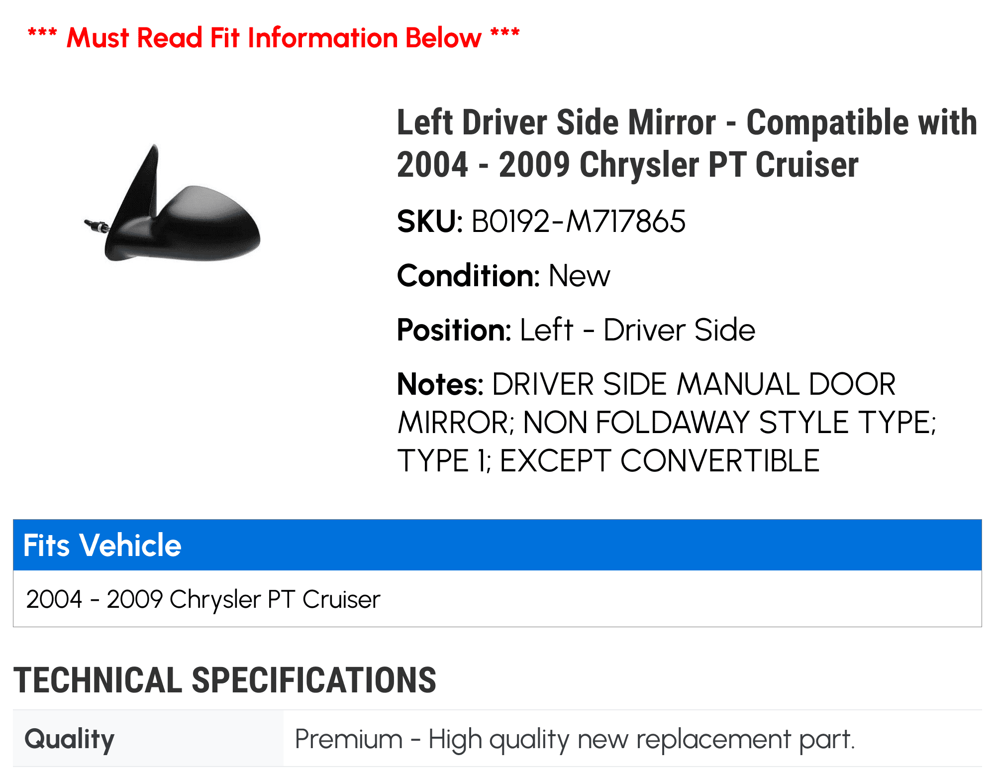 Left Driver Side Mirror - Compatible with 2004 - 2009 Chrysler PT Cruiser 2005 2006 2007 2008