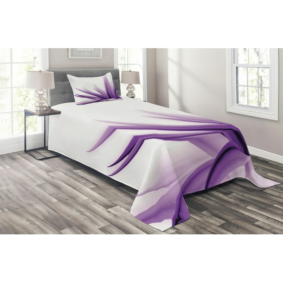Ambesonne Flower Quilted Coverlet 2 Pcs, Purple Ombre Lotus Art, Twin Size, Purple and White