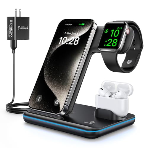 WAITIEE Cargador inalámbrico 3 en 1, estación de carga rápida de 15 W para Apple Watch 10/9/8/Ultra 2/Ultra/SE/7/6/5/4/3/2, para AirPods 3/2/1/Pro para iPhone 16/15/14/13 /Plus/Pro/Pro Max/12/11 (negr