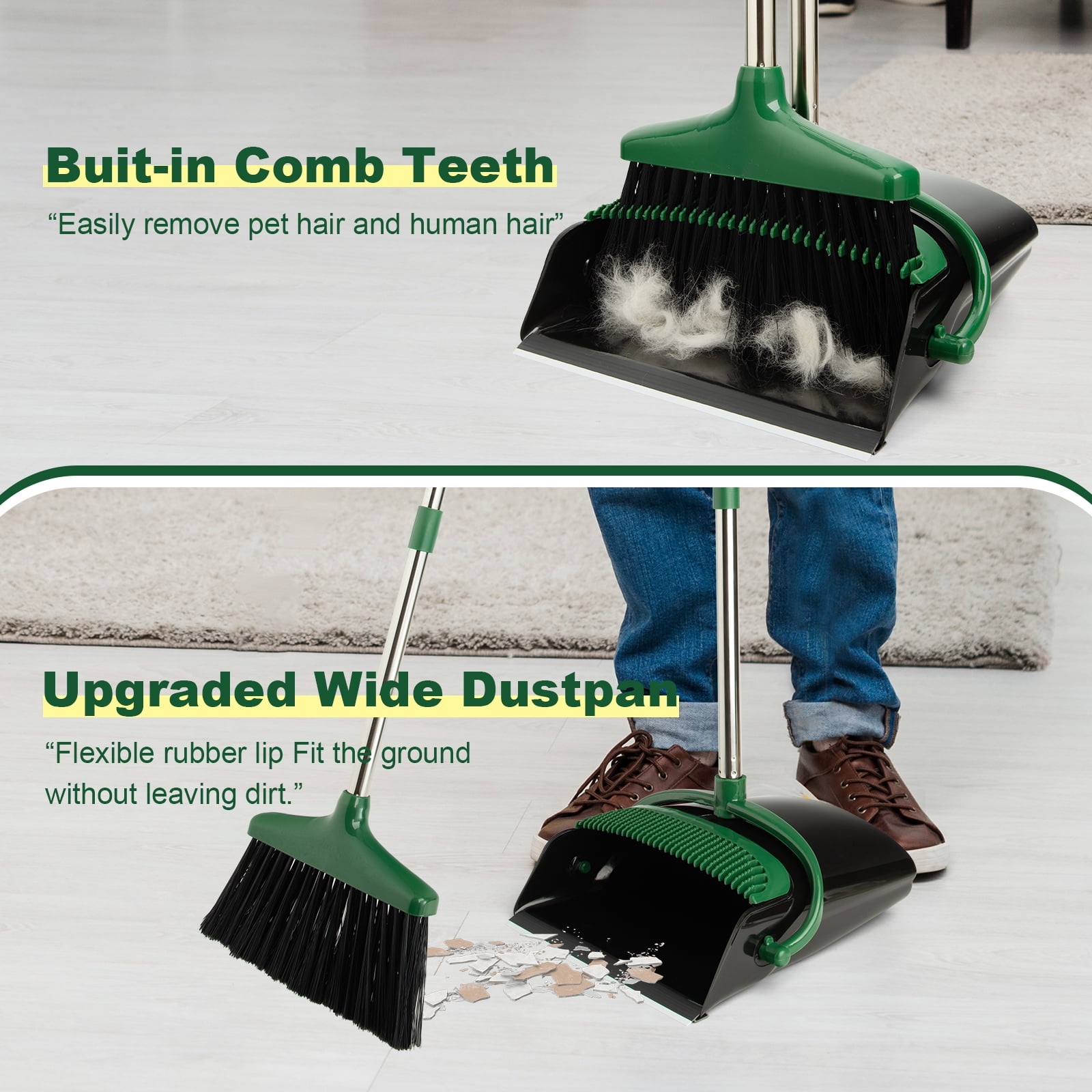 XXXFLOWER Tall Office Broom and Dustpan Combo Set, Heavy Duty