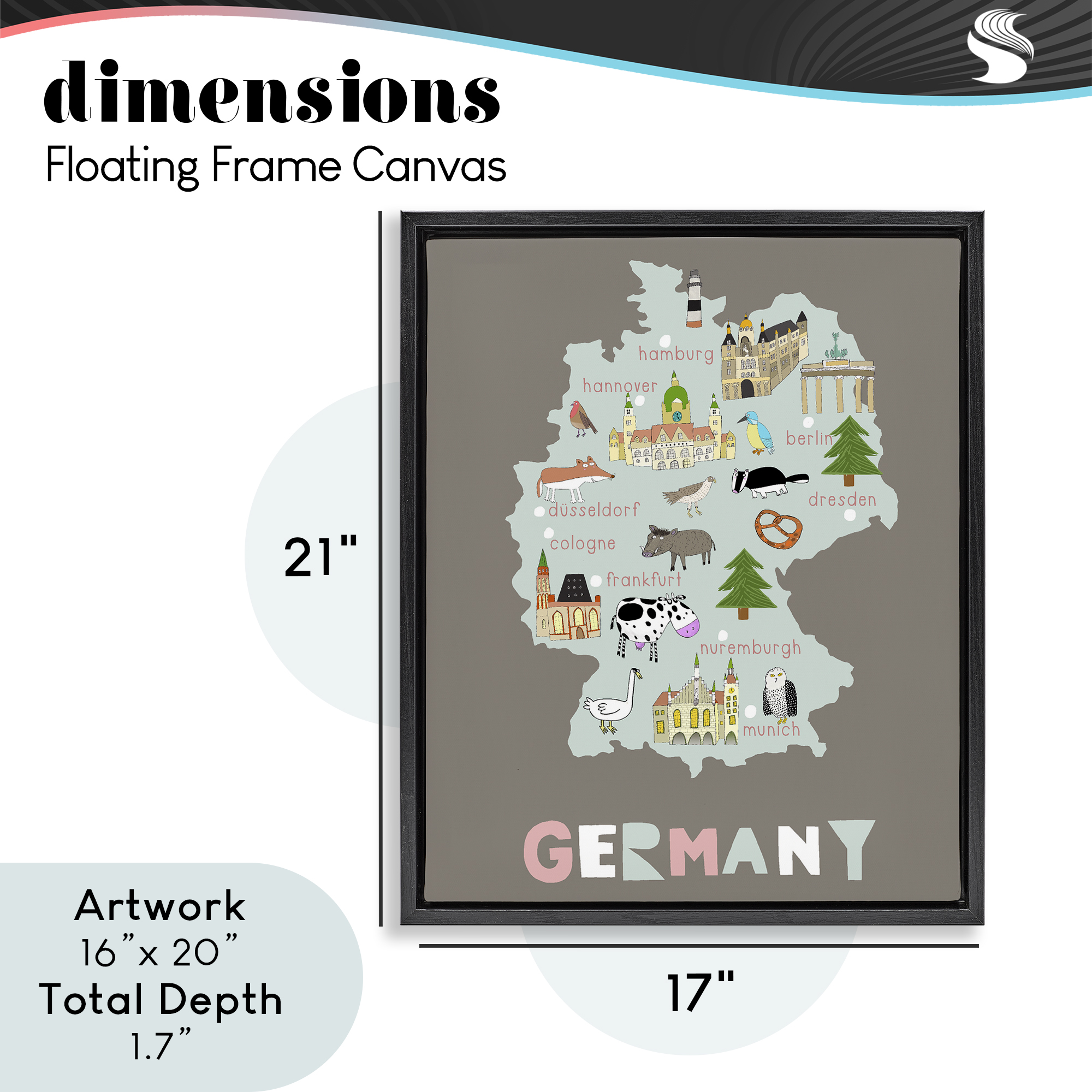 Kid's Map of Germany Black Framed Floater Canvas Wall Art, design by Carla Daly