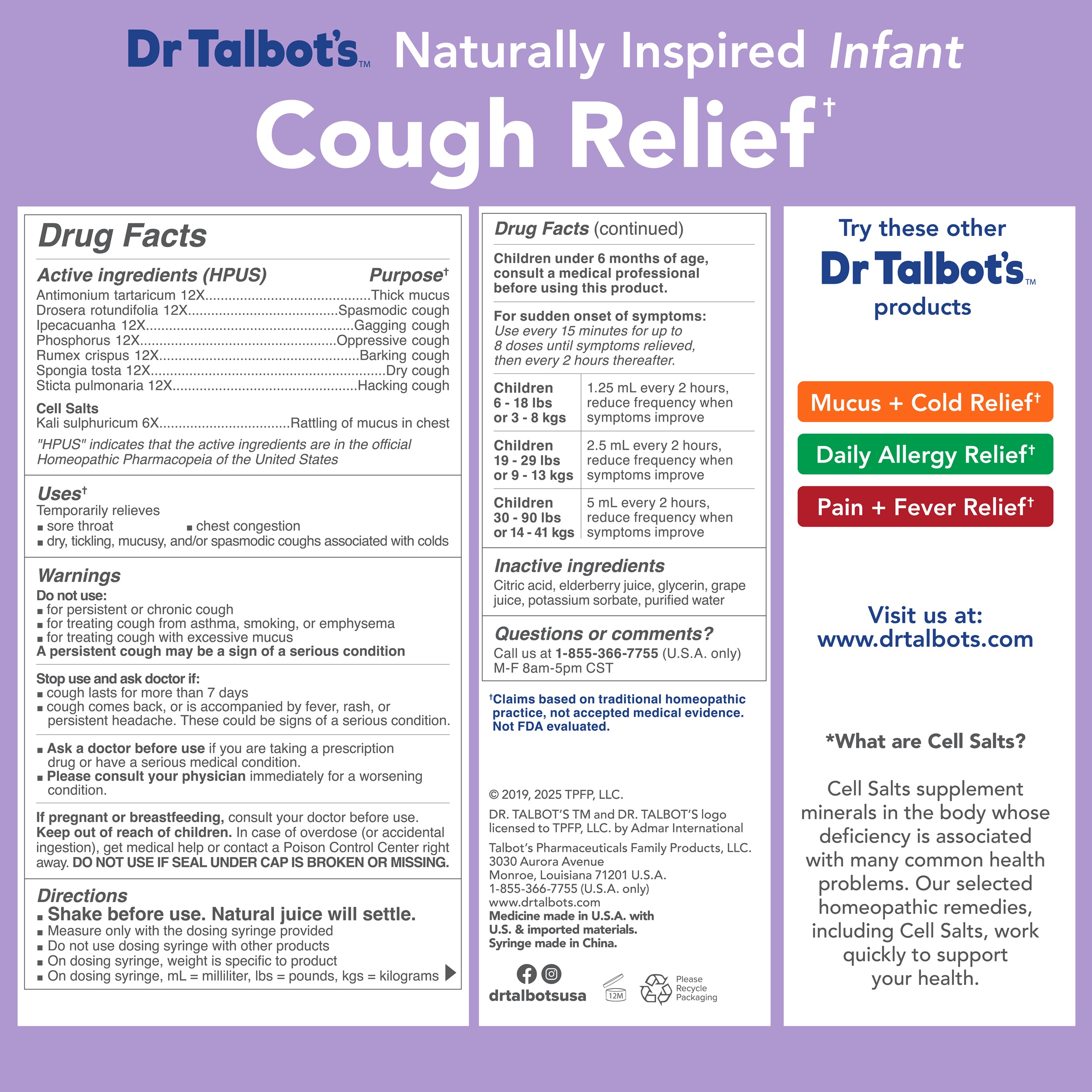 Dr. Talbot's Infant Cough Relief Medicine with Cell Salts, Elderberry, 4 fl oz