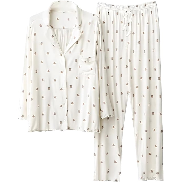 Conjunto de Pijama de Algodón Modal de Manga Larga para Mujer, Conjunto de Pijama de Dos Piezas Superior E Inferior, Conjunto de Pijama con Botones