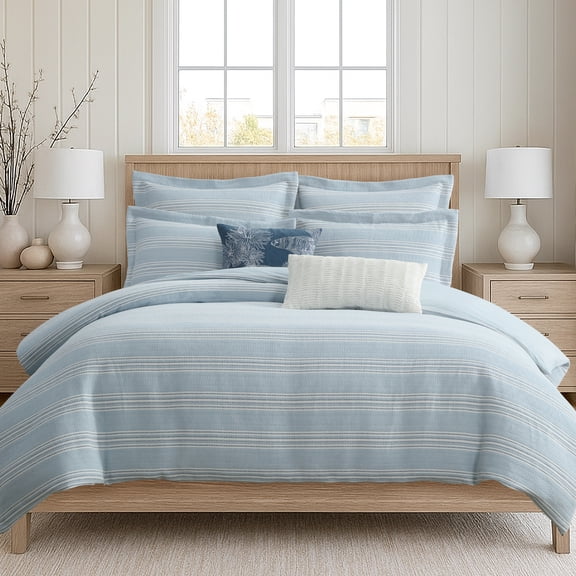 Levtex Home - Clayton Stripes Blue Comforter Set - Full/Queen Comforter (90x94in.) and 2 Standard Shams (20x26in.) - Blue and White Striped Design - Reversible