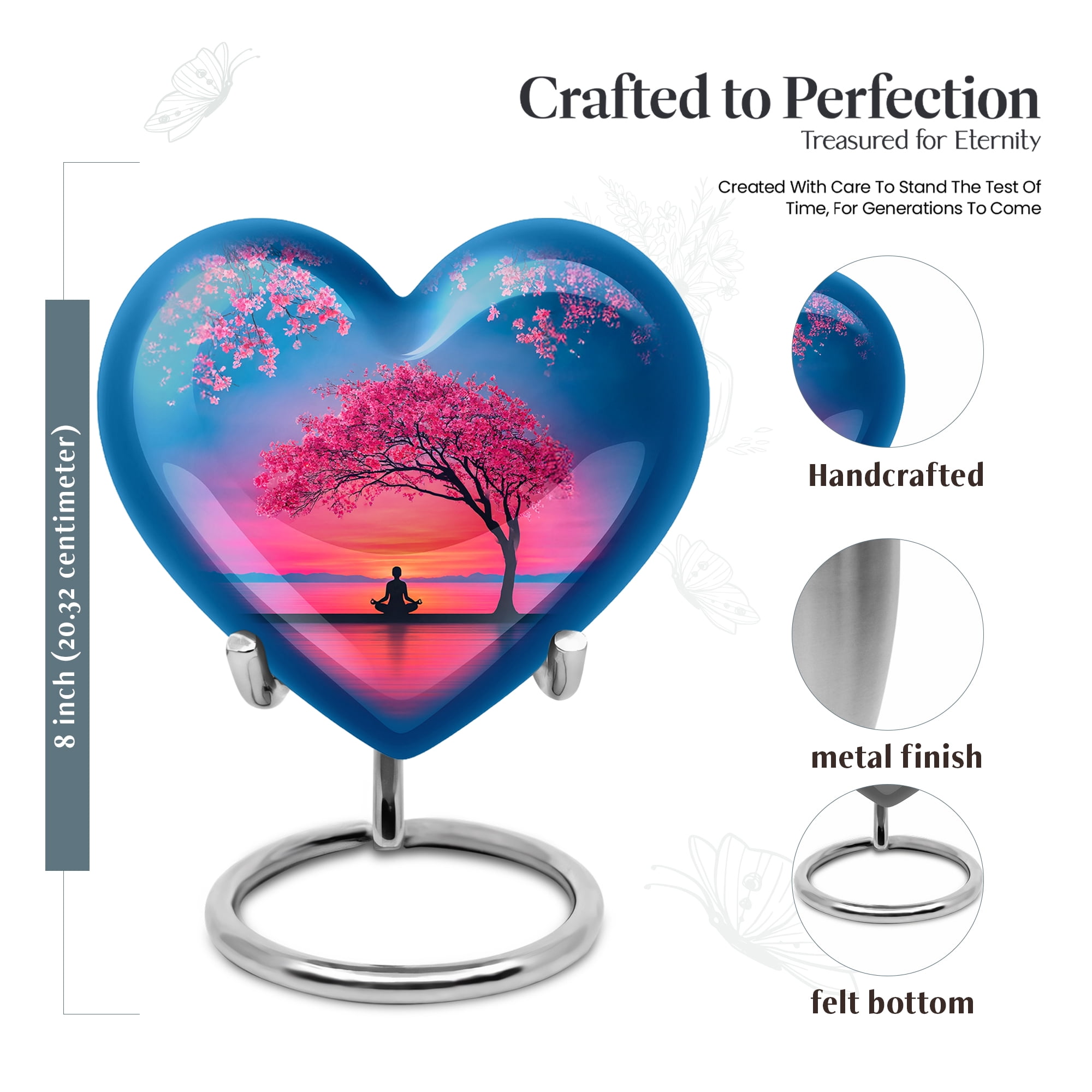 MUKTIVE Cherry Blossom Funeral Urns for Human Ashes, Adult Urn for Ashes Male & Female, Sunrise Heart Urns for Dad and Mom, Large Blue Urn for Couple Cremation, 8 Inch