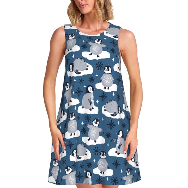 Fotbe Snow Penguin Vestido de Verano sin Mangas para Mujer – Vestido Midi Línea A, Estilo Camiseta Floral, Vestido Playero Casual y Fluido