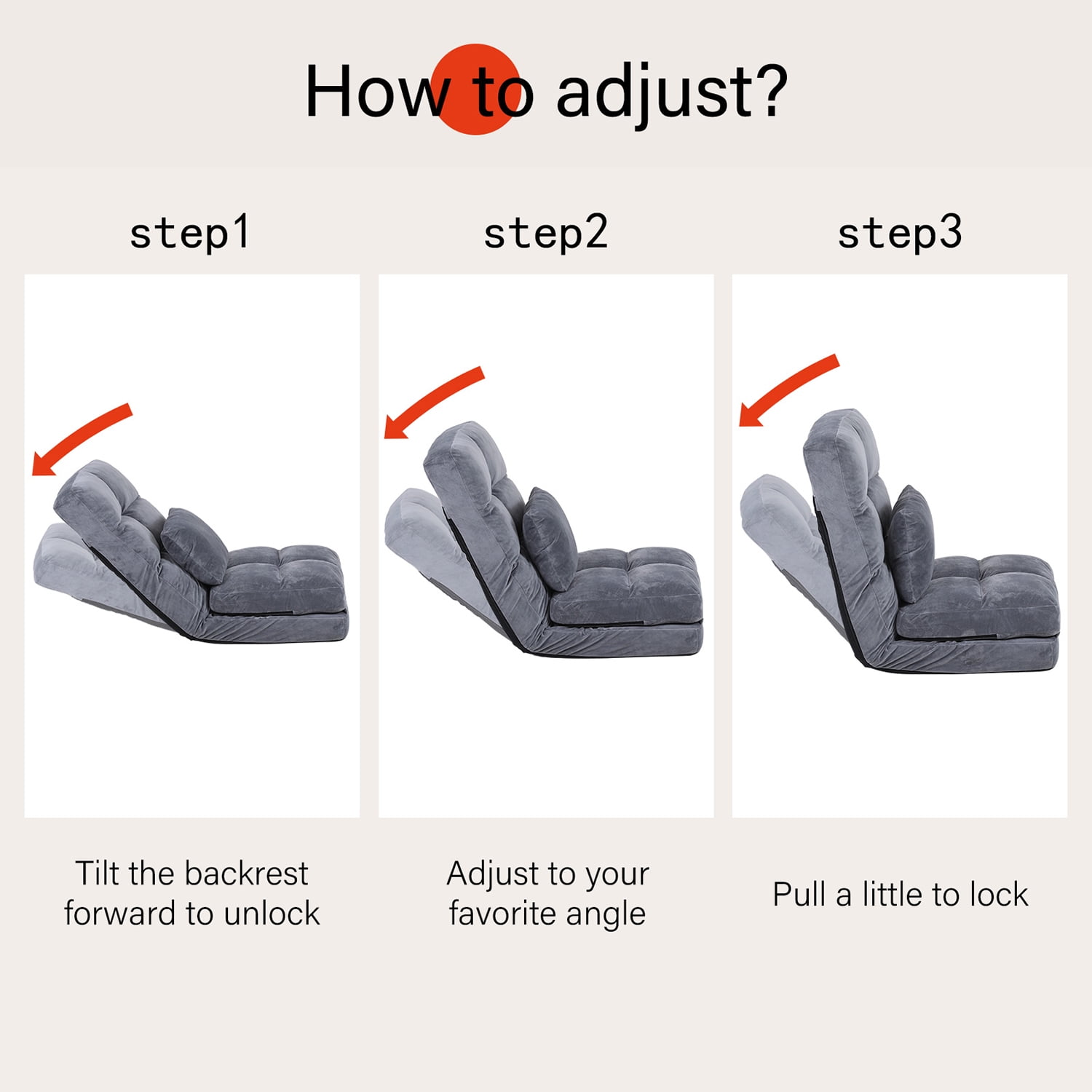 Kadyn Indoor Chaise Lounge Sofa, Adjustable Floor Chair with Back Support and Pillow, Folding Floor Lounger for Adults, Grey Kadyn Indoor Chaise Lounge Sofa, Adjustable Floor Chair with Back Support and Pillow, Folding Floor Lounger for Adults, Grey