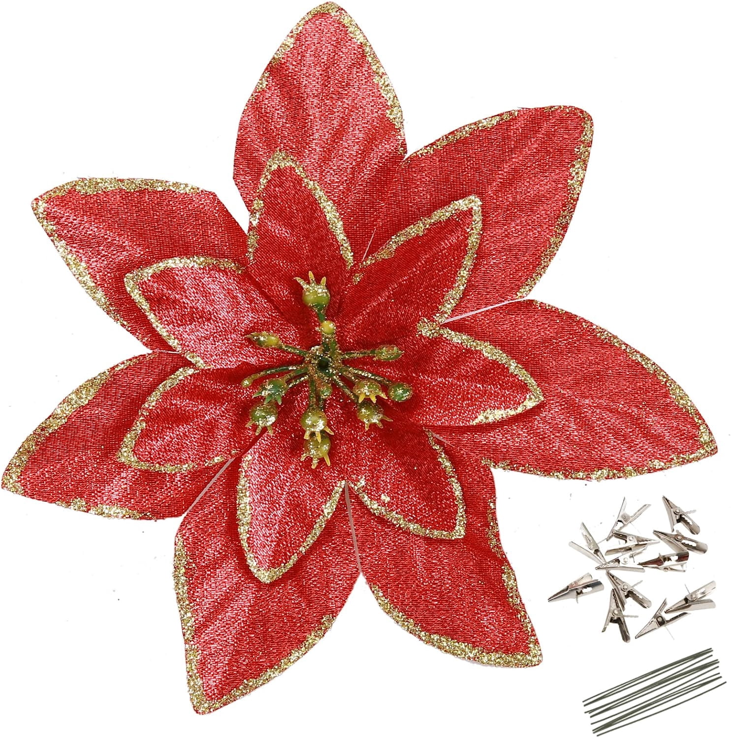 PIPT 12 Pack 5.9'' Blue Christmas Glitter Poinsettia Flowers Decorative