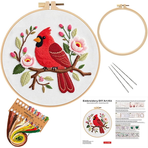Embroidery Kits for Beginners and Adults, Cross Stitch Kits, Stamped Embroidery Starter Set, Needlepoint Kit for Adults with Instructions, Hoop, Threads, Video - Red Cardinal Bird DIY Decor