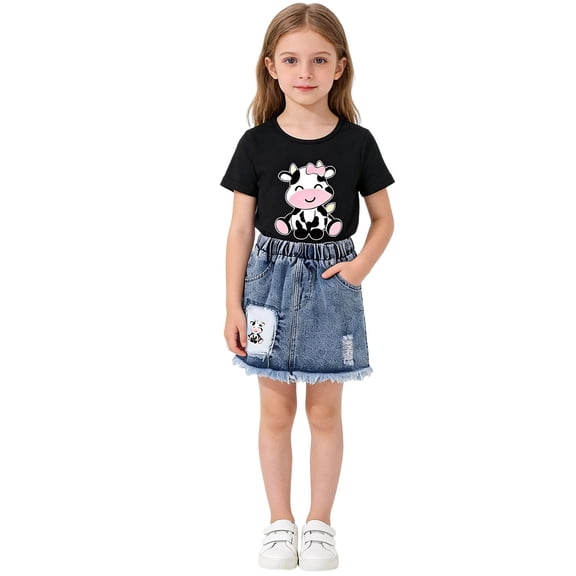 Toddler Girl Outfits Cozy Cartoon Cow Print Short Sleeve Crew Neck Top with Denim Shorts 2 Piece Girls' Clothing Sets Black Size 2-3 Y