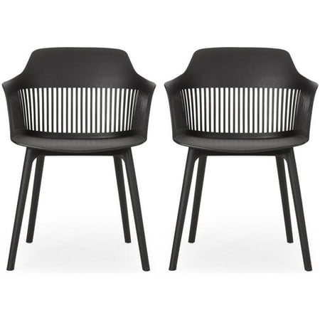 Noble House Dahlia Plastic Patio Dining Arm Chair in Black (Set of 2)