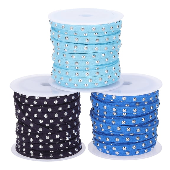 16.4 Yards Studded Faux Suede Cord Rope for Jewelry Making 3 Pack Each 5 Meter 5mm Micro Fibre Flat Leather Lace Beading String Ribbon with Silver Rivets, Blue/Lake Blue/Navy Blue
