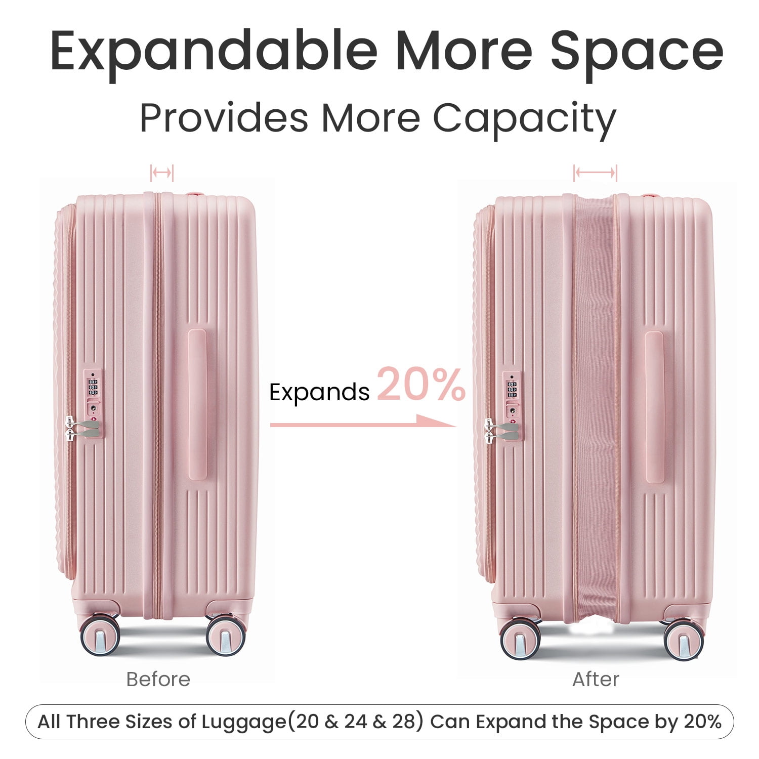 3 Piece Luggage Set Lightweight Suitcase with TSA Lock, PC Hard Shell Travel Luggage with Front Pocket and Spinner Wheels, Pink (20in24in28in)