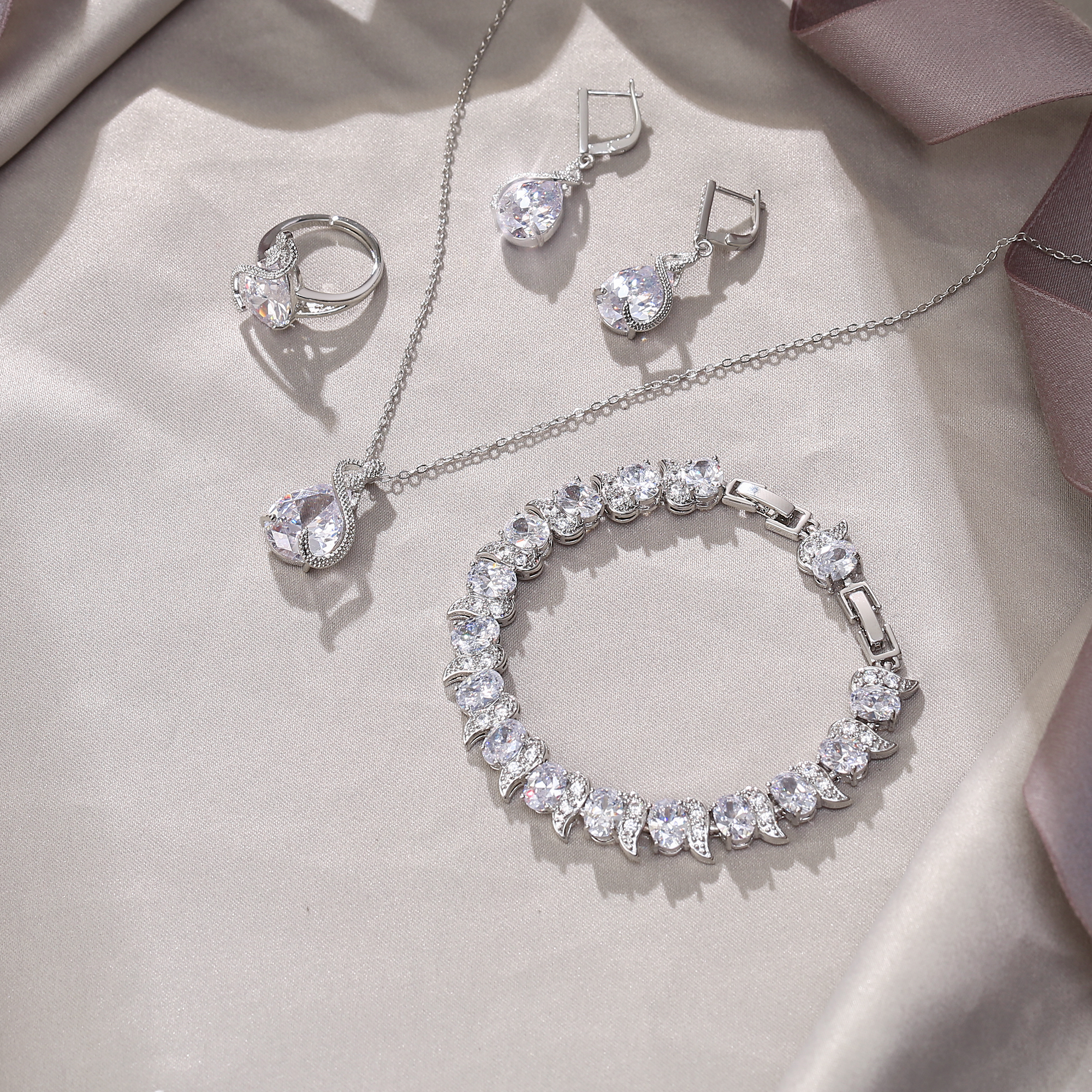 Wedure Wedding Teardrop Cubic Zirconia Jewelry Set for Bride, Glamour Pendant Necklace Earrings Tennis Bracelet Open Ring Set for Women Clear Silver-Tone - image 3 of 4
